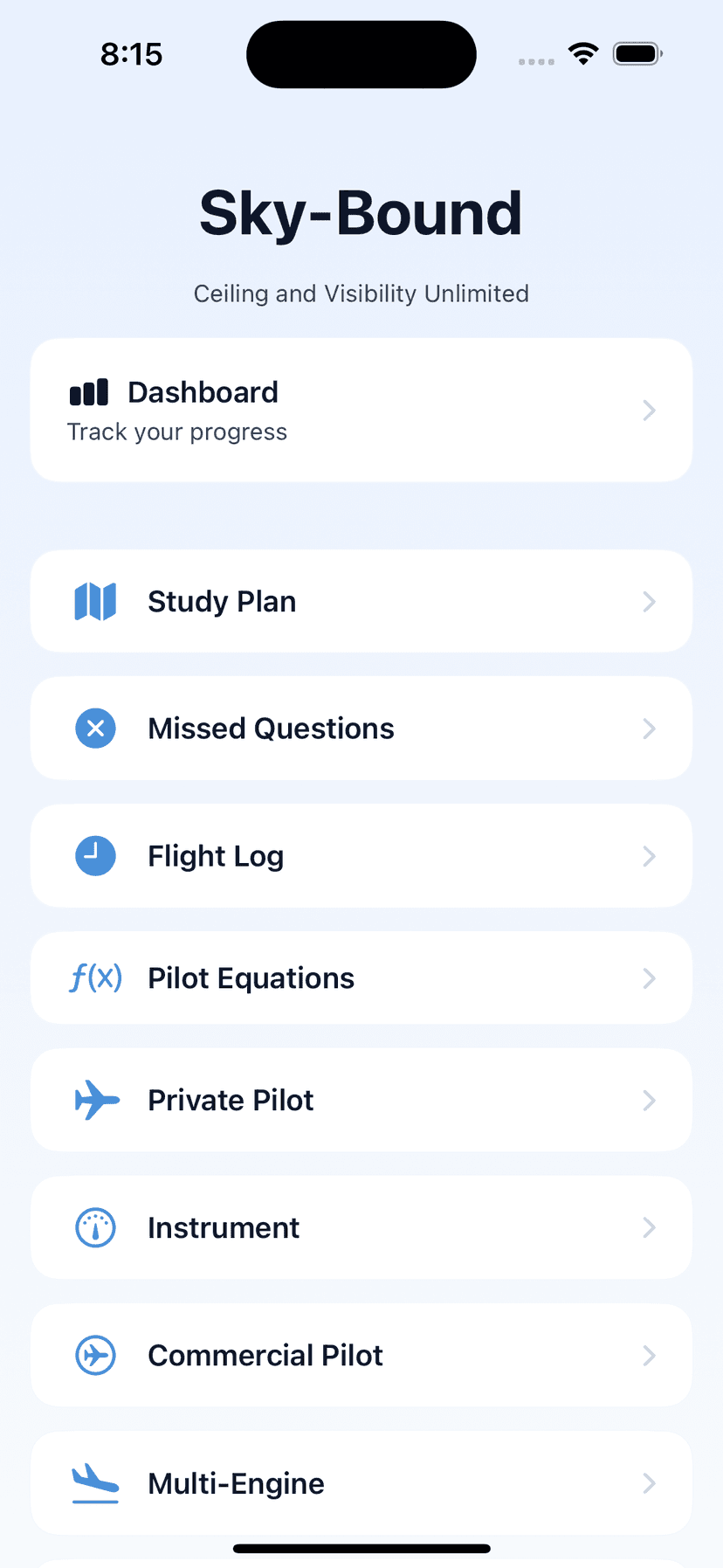 Sky-Bound app showing main menu with certification tracks, study tools, and dashboard